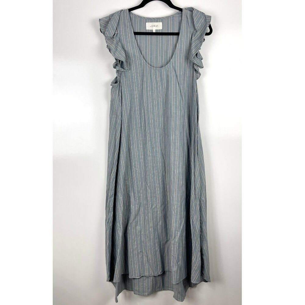 THE GREAT. Petal Striped Chambray Midi Dress Ruffle Sleeve Size 2 Medium Boho